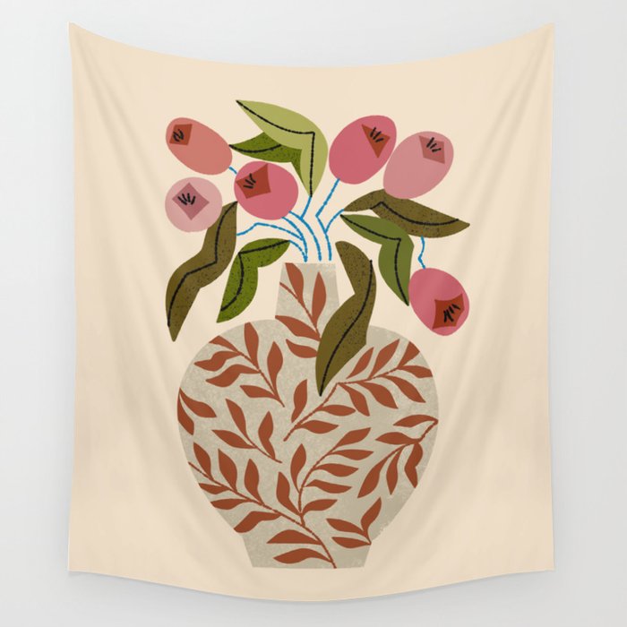 Pink Tulips In Fern Vase Wall Tapestry Gallery Image 4