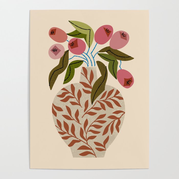 Pink Tulips In Fern Vase Poster Gallery Image 1