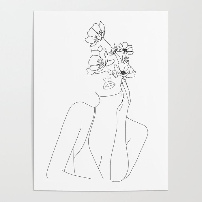Minimal Line Art Woman with Flowers Poster Gallery Image 1