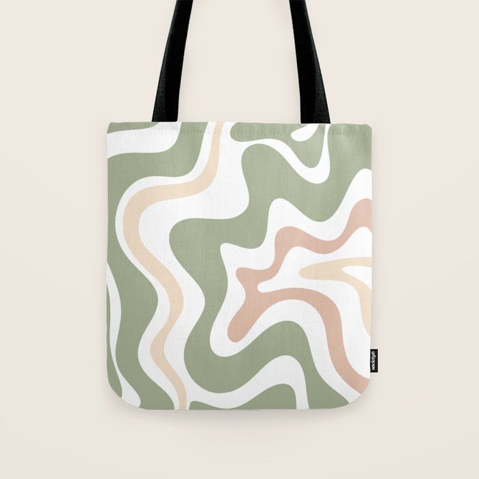 Retro Liquid Swirl Abstract Pattern in Sage, Blush-Cream, and White Tote Bag Gallery Image 1