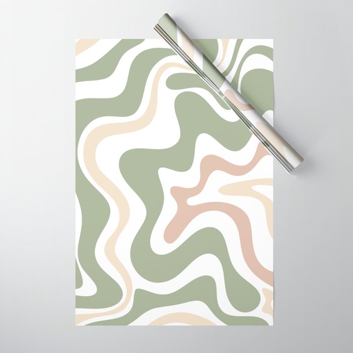 Retro Liquid Swirl Abstract Pattern in Sage, Blush-Cream, and White Wrapping Paper Gallery Image 1