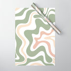 Retro Liquid Swirl Abstract Pattern in Sage, Blush-Cream, and White Wrapping Paper Gallery Image 1