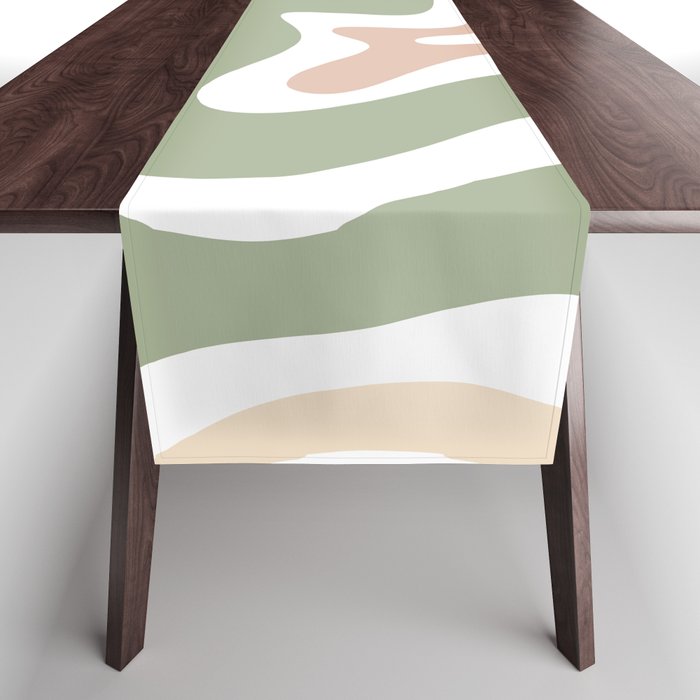 Retro Liquid Swirl Abstract Pattern in Sage, Blush-Cream, and White Table Runner Gallery Image 1