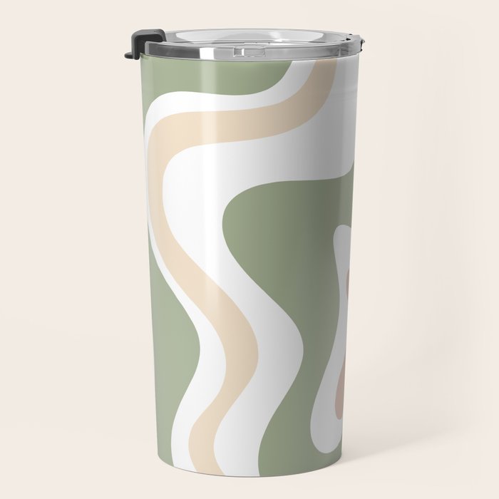 Retro Liquid Swirl Abstract Pattern in Sage, Blush-Cream, and White Travel Mug Gallery Image 3