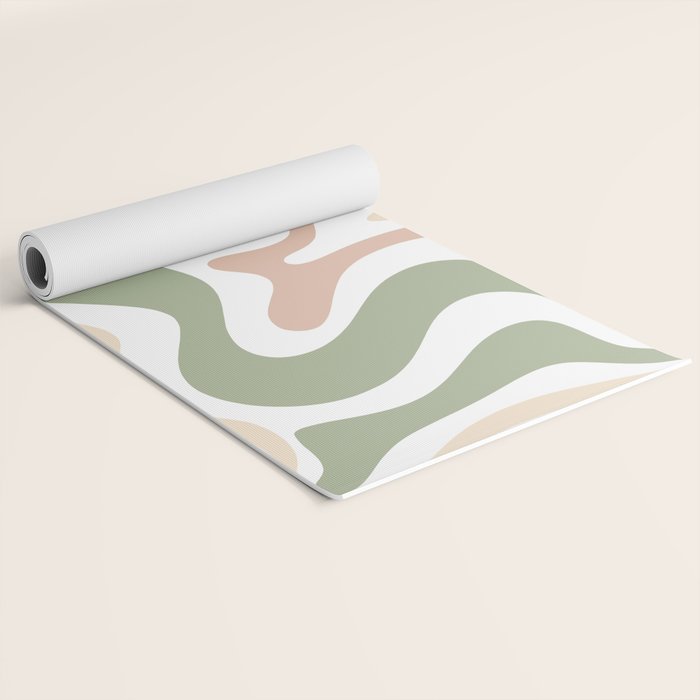 Retro Liquid Swirl Abstract Pattern in Sage, Blush-Cream, and White Yoga Mat Gallery Image 2