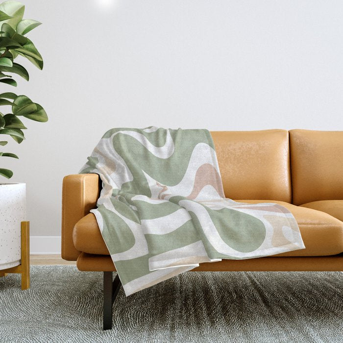 Retro Liquid Swirl Abstract Pattern in Sage, Blush-Cream, and White Throw Blanket Gallery Image 1