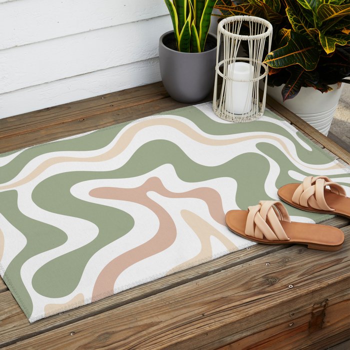 Retro Liquid Swirl Abstract Pattern in Sage, Blush-Cream, and White Outdoor Rug Gallery Image 2