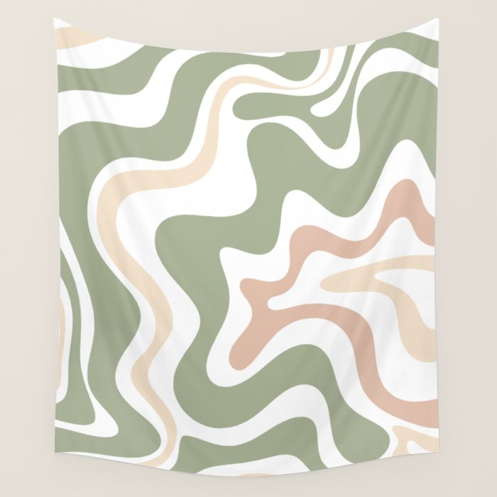 Retro Liquid Swirl Abstract Pattern in Sage, Blush-Cream, and White Wall Tapestry Gallery Image 4