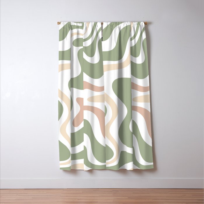 Retro Liquid Swirl Abstract Pattern in Sage, Blush-Cream, and White Window Curtain Gallery Image 3