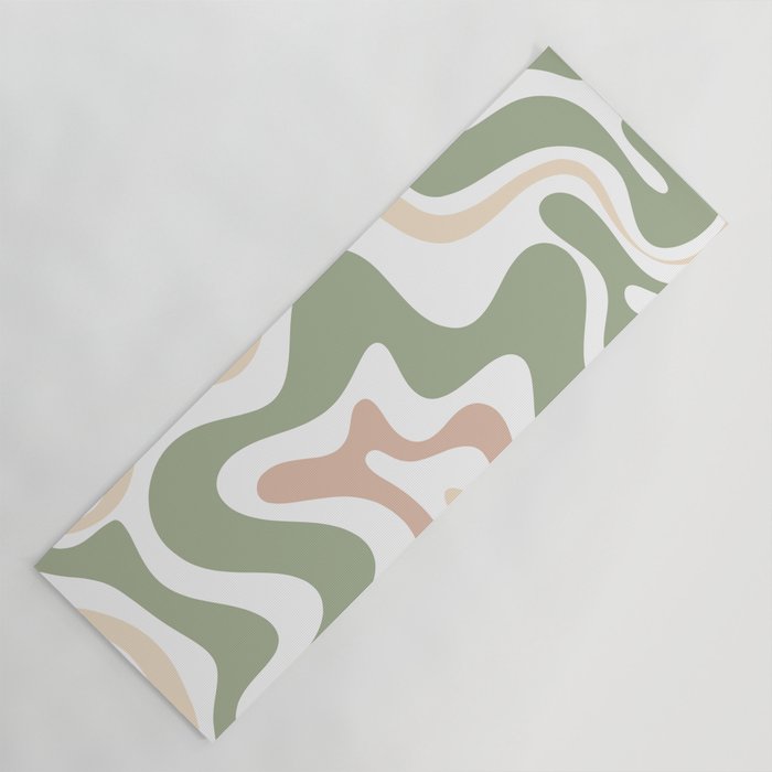 Retro Liquid Swirl Abstract Pattern in Sage, Blush-Cream, and White Yoga Mat Gallery Image 1