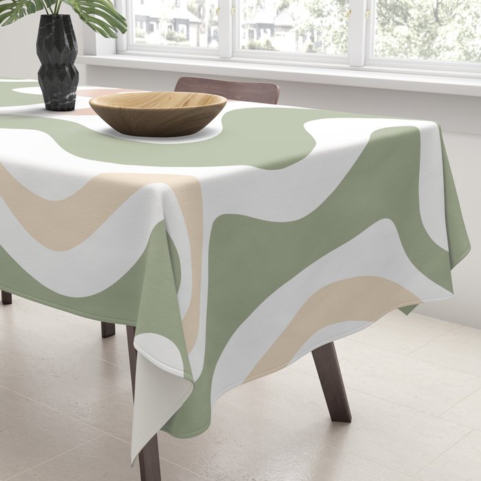 Retro Liquid Swirl Abstract Pattern in Sage, Blush-Cream, and White Tablecloth Gallery Image 3