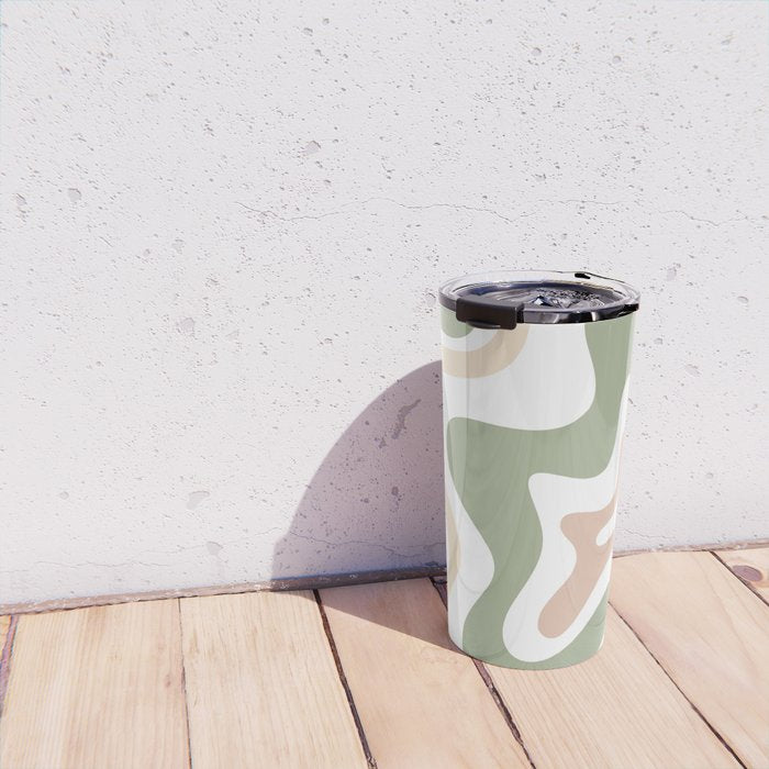 Retro Liquid Swirl Abstract Pattern in Sage, Blush-Cream, and White Travel Mug Gallery Image 4