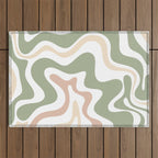 Retro Liquid Swirl Abstract Pattern in Sage, Blush-Cream, and White Outdoor Rug Gallery Image 1