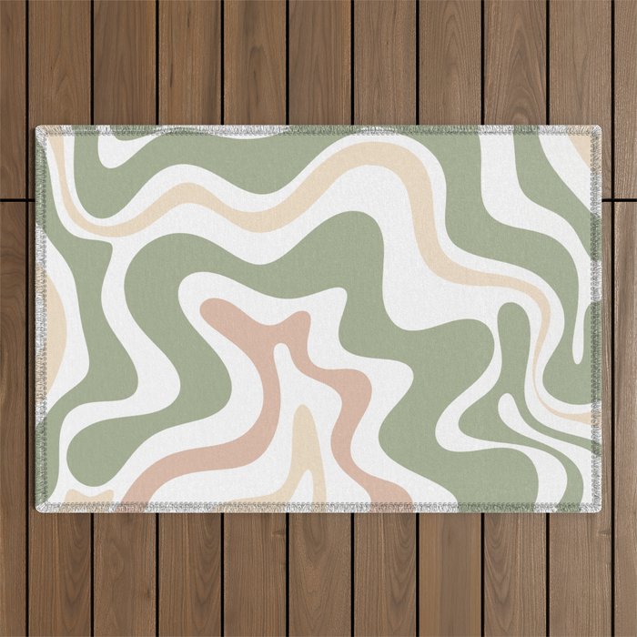 Retro Liquid Swirl Abstract Pattern in Sage, Blush-Cream, and White Outdoor Rug Gallery Image 1