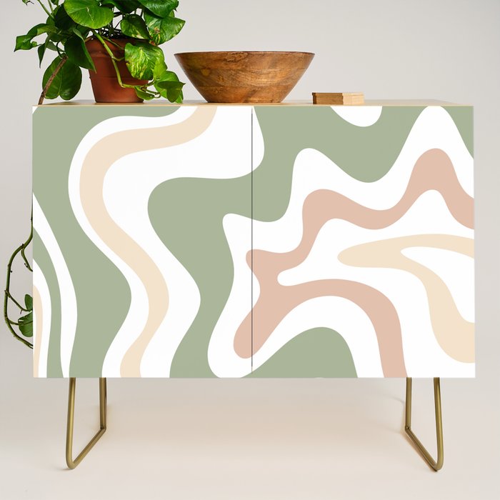 Retro Liquid Swirl Abstract Pattern in Sage, Blush-Cream, and White Credenza Gallery Image 1
