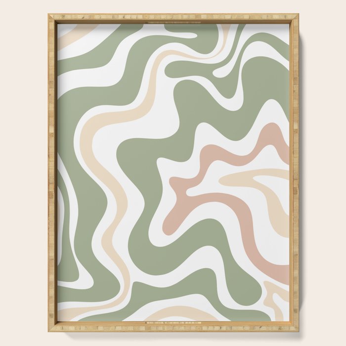 Retro Liquid Swirl Abstract Pattern in Sage, Blush-Cream, and White Serving Tray Gallery Image 1