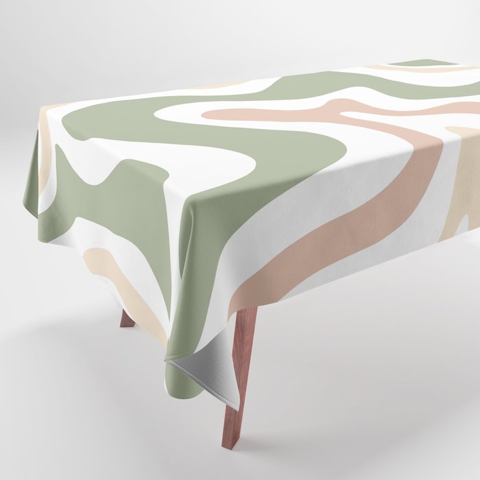 Retro Liquid Swirl Abstract Pattern in Sage, Blush-Cream, and White Tablecloth Gallery Image 1