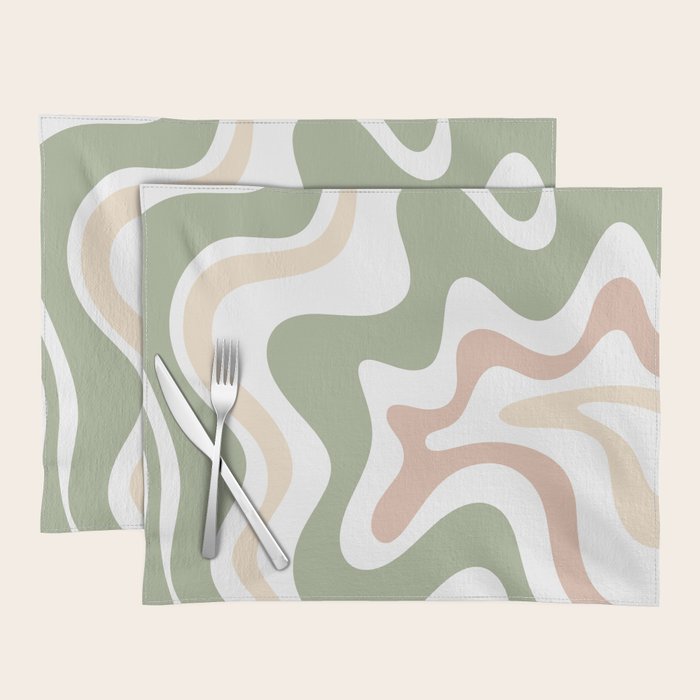 Retro Liquid Swirl Abstract Pattern in Sage, Blush-Cream, and White Placemat Gallery Image 1
