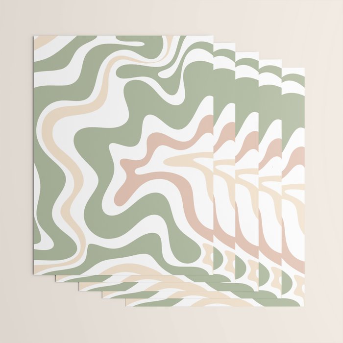Retro Liquid Swirl Abstract Pattern in Sage, Blush-Cream, and White Wrapping Paper Gallery Image 3