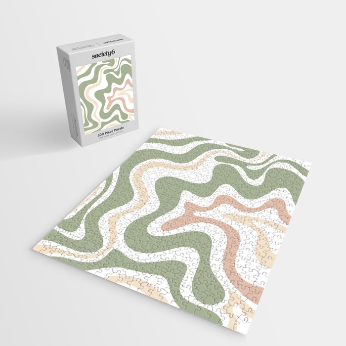 Retro Liquid Swirl Abstract Pattern in Sage, Blush-Cream, and White Jigsaw Puzzle Gallery Image 2
