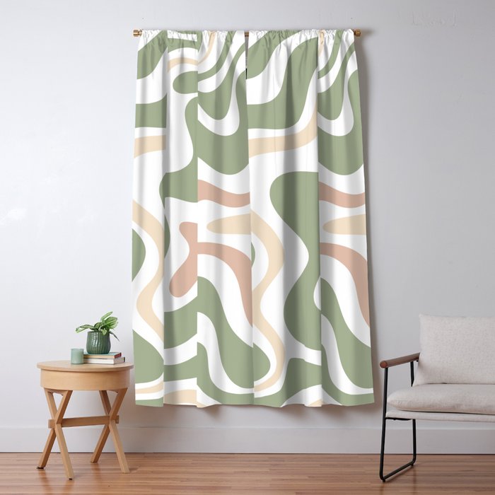 Retro Liquid Swirl Abstract Pattern in Sage, Blush-Cream, and White Window Curtain Gallery Image 1