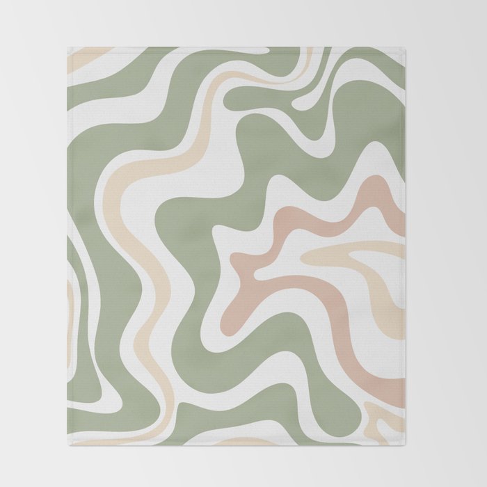 Retro Liquid Swirl Abstract Pattern in Sage, Blush-Cream, and White Throw Blanket Gallery Image 2