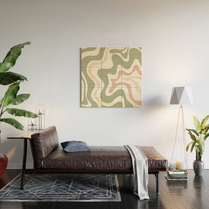 Retro Liquid Swirl Abstract Pattern in Sage, Blush-Cream, and White Wood Wall Art Gallery Image 2