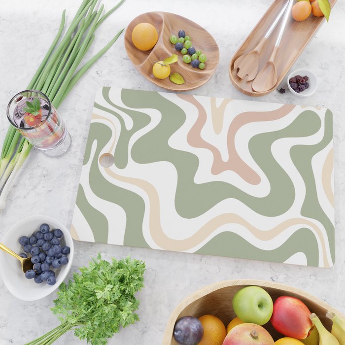 Retro Liquid Swirl Abstract Pattern in Sage, Blush-Cream, and White Cutting Board Gallery Image 2