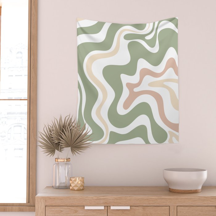 Retro Liquid Swirl Abstract Pattern in Sage, Blush-Cream, and White Wall Tapestry Gallery Image 2