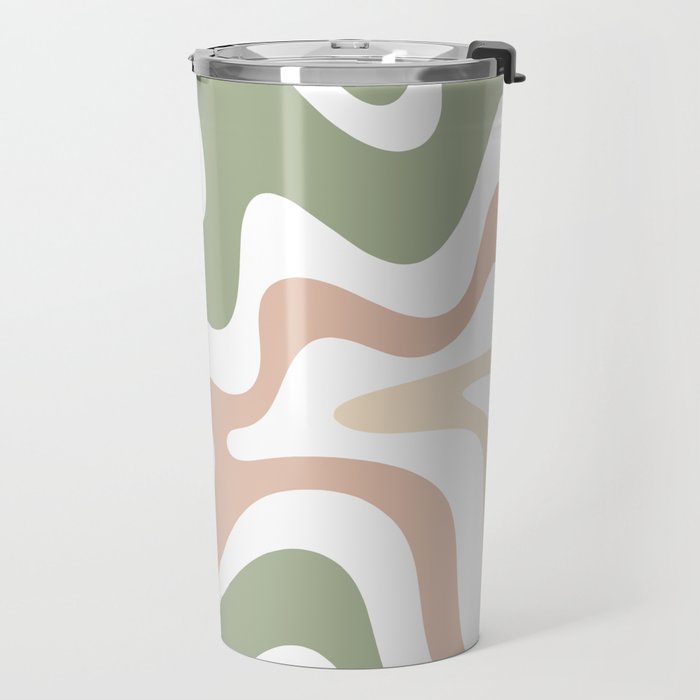 Retro Liquid Swirl Abstract Pattern in Sage, Blush-Cream, and White Travel Mug Gallery Image 2