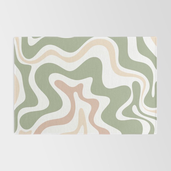 Retro Liquid Swirl Abstract Pattern in Sage, Blush-Cream, and White Rug Gallery Image 2