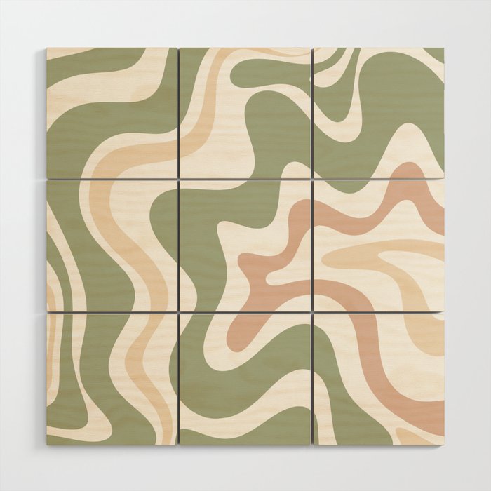 Retro Liquid Swirl Abstract Pattern in Sage, Blush-Cream, and White Wood Wall Art Gallery Image 1
