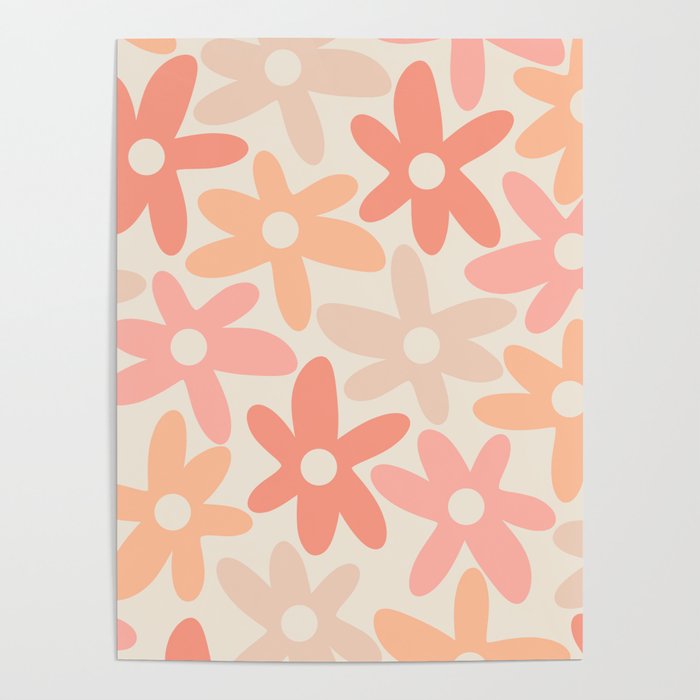 Daisy Time Retro Floral Pattern Peach Pink Poster Gallery Image 4