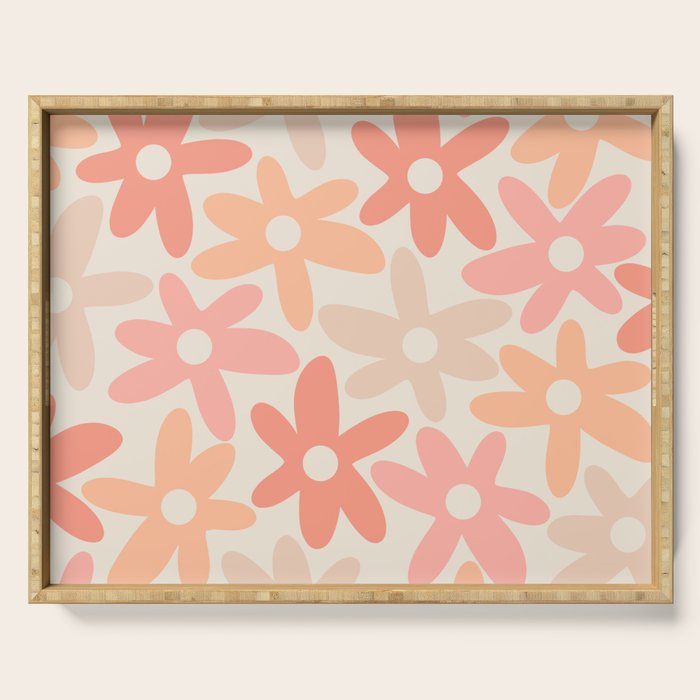 Daisy Time Retro Floral Pattern Peach Pink Serving Tray Gallery Image 1