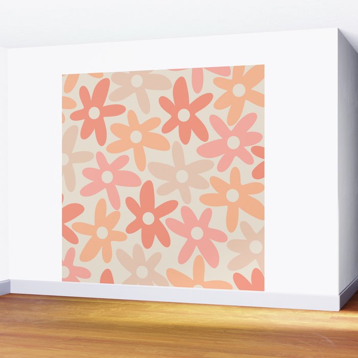Daisy Time Retro Floral Pattern Peach Pink Wall Mural Gallery Image 2
