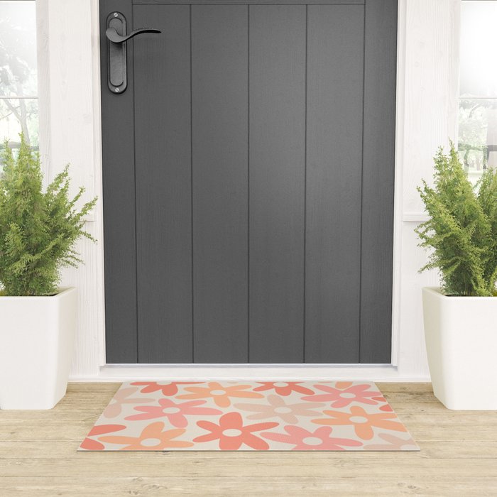 Daisy Time Retro Floral Pattern Peach Pink Welcome Mat Gallery Image 3