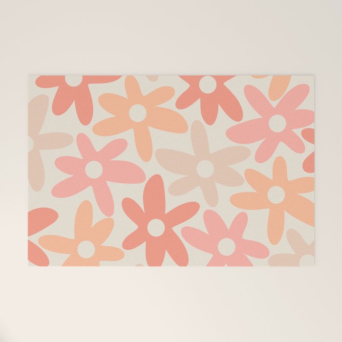 Daisy Time Retro Floral Pattern Peach Pink Welcome Mat Gallery Image 1