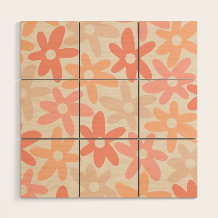 Daisy Time Retro Floral Pattern Peach Pink Wood Wall Art Gallery Image 1