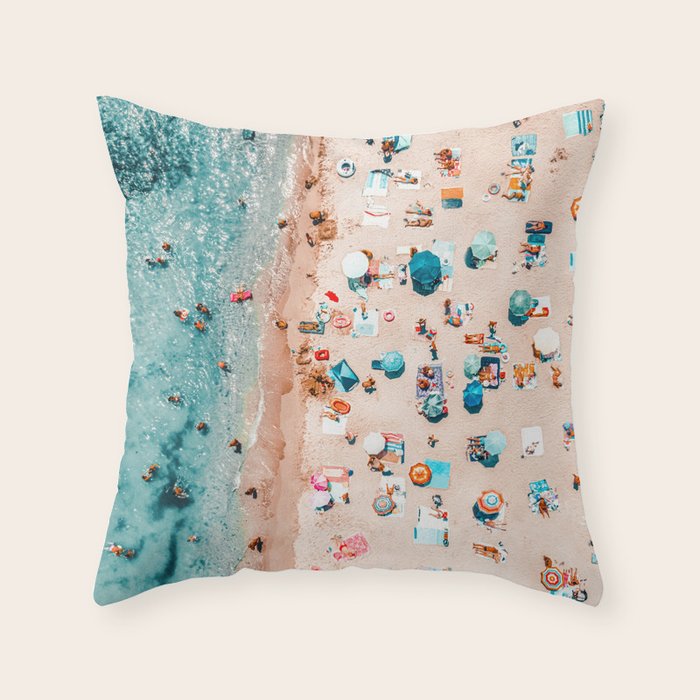 Ocean Print, Pastel Beach, Aerial Print, Beach Print, Aerial Beach Wall Art Print, Beach Photography, Summer Vibes, People Beach Umbrellas Art Throw Pillow Gallery Image 6