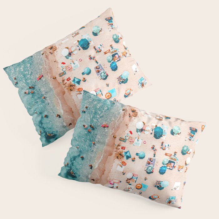 Ocean Print, Pastel Beach, Aerial Print, Beach Print, Aerial Beach Wall Art Print, Beach Photography, Summer Vibes, People Beach Umbrellas Art Pillow Sham Gallery Image 3
