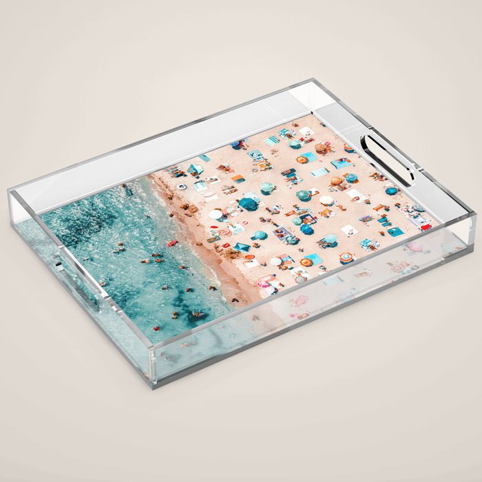 Ocean Print, Pastel Beach, Aerial Print, Beach Print, Aerial Beach Wall Art Print, Beach Photography, Summer Vibes, People Beach Umbrellas Art Acrylic Tray Gallery Image 1