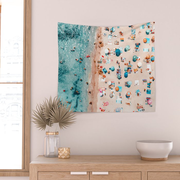 Ocean Print, Pastel Beach, Aerial Print, Beach Print, Aerial Beach Wall Art Print, Beach Photography, Summer Vibes, People Beach Umbrellas Art Wall Tapestry Gallery Image 2