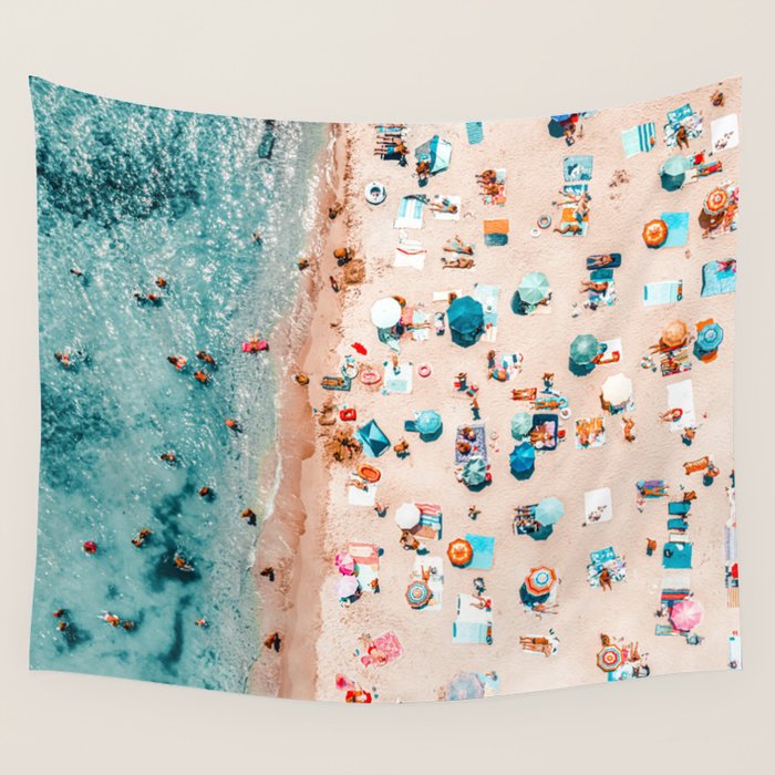 Ocean Print, Pastel Beach, Aerial Print, Beach Print, Aerial Beach Wall Art Print, Beach Photography, Summer Vibes, People Beach Umbrellas Art Wall Tapestry Gallery Image 1