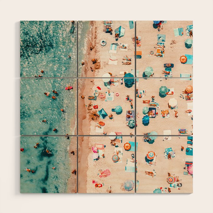 Ocean Print, Pastel Beach, Aerial Print, Beach Print, Aerial Beach Wall Art Print, Beach Photography, Summer Vibes, People Beach Umbrellas Art Wood Wall Art Gallery Image 1