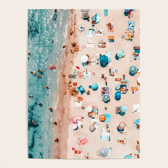 Ocean Print, Pastel Beach, Aerial Print, Beach Print, Aerial Beach Wall Art Print, Beach Photography, Summer Vibes, People Beach Umbrellas Art Poster Gallery Image 4