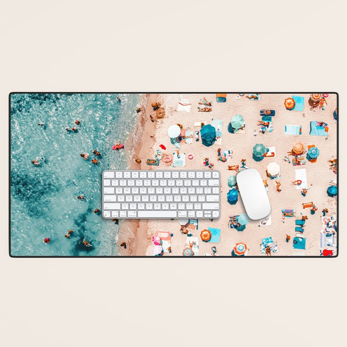 Ocean Print, Pastel Beach, Aerial Print, Beach Print, Aerial Beach Wall Art Print, Beach Photography, Summer Vibes, People Beach Umbrellas Art Desk Mat Gallery Image 1
