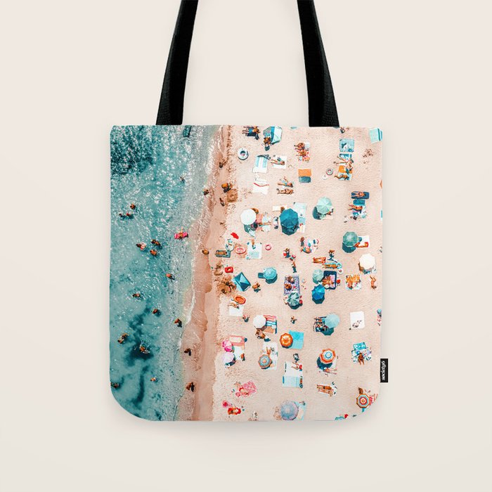 Ocean Print, Pastel Beach, Aerial Print, Beach Print, Aerial Beach Wall Art Print, Beach Photography, Summer Vibes, People Beach Umbrellas Art Tote Bag Gallery Image 1