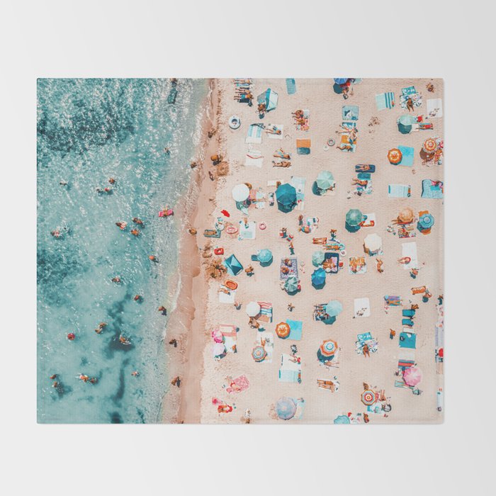 Ocean Print, Pastel Beach, Aerial Print, Beach Print, Aerial Beach Wall Art Print, Beach Photography, Summer Vibes, People Beach Umbrellas Art Throw Blanket Gallery Image 2