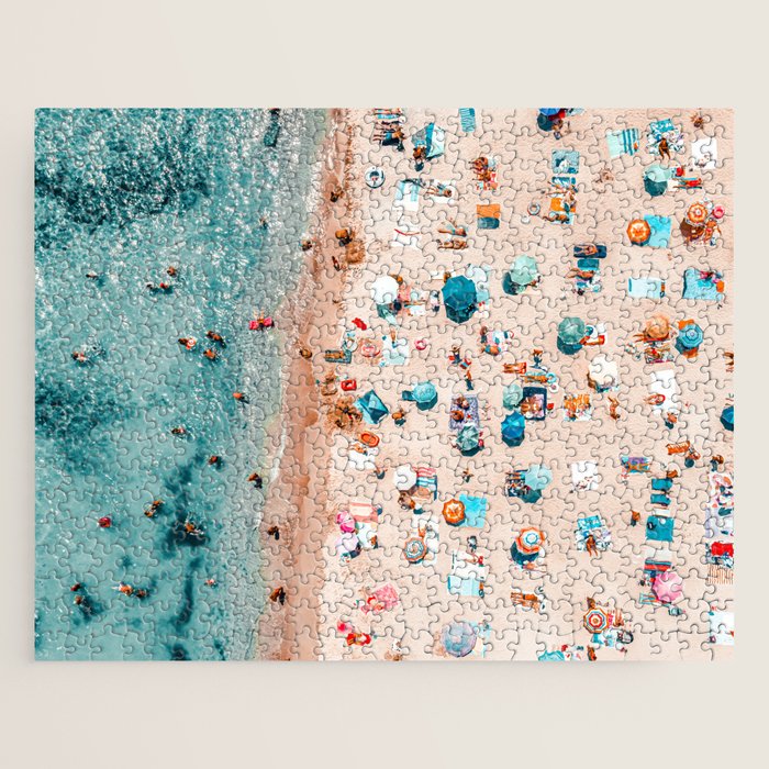 Ocean Print, Pastel Beach, Aerial Print, Beach Print, Aerial Beach Wall Art Print, Beach Photography, Summer Vibes, People Beach Umbrellas Art Jigsaw Puzzle Gallery Image 1
