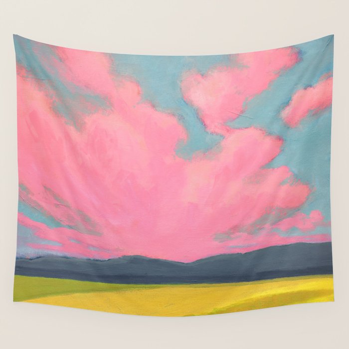 Bright Pink Sunset Over Mountains and Farm Fields Wall Tapestry Gallery Image 1